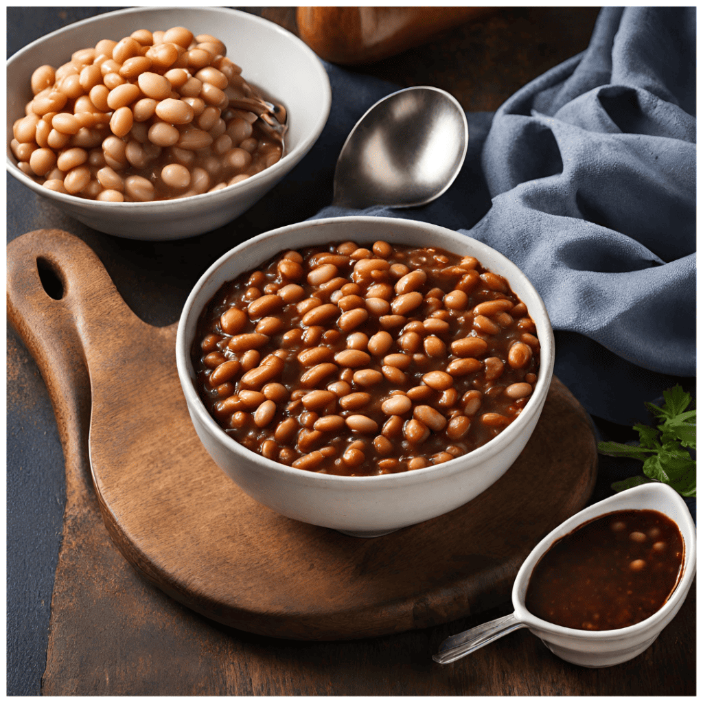 bowl of baked beans with barbecue sauce