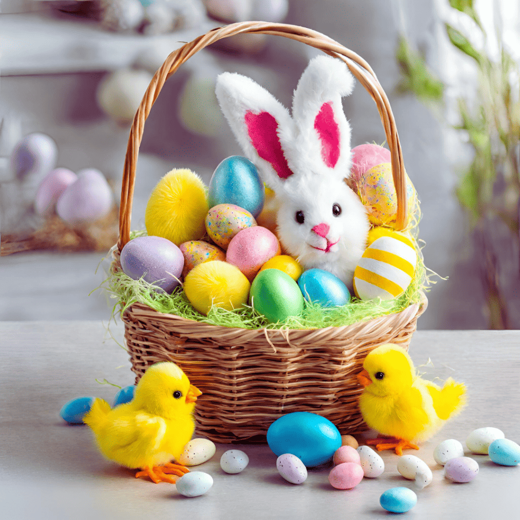 spring and Easter fun basket filled with candy eggs, plush bunny, and plush chick